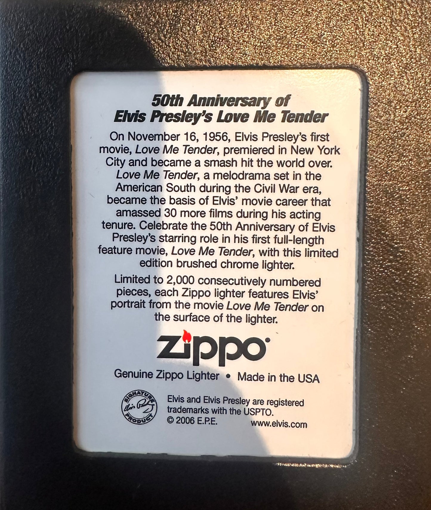 Elvis Presley Love Me Tender 50th Anniversary Zippo Lighter 1254/2000