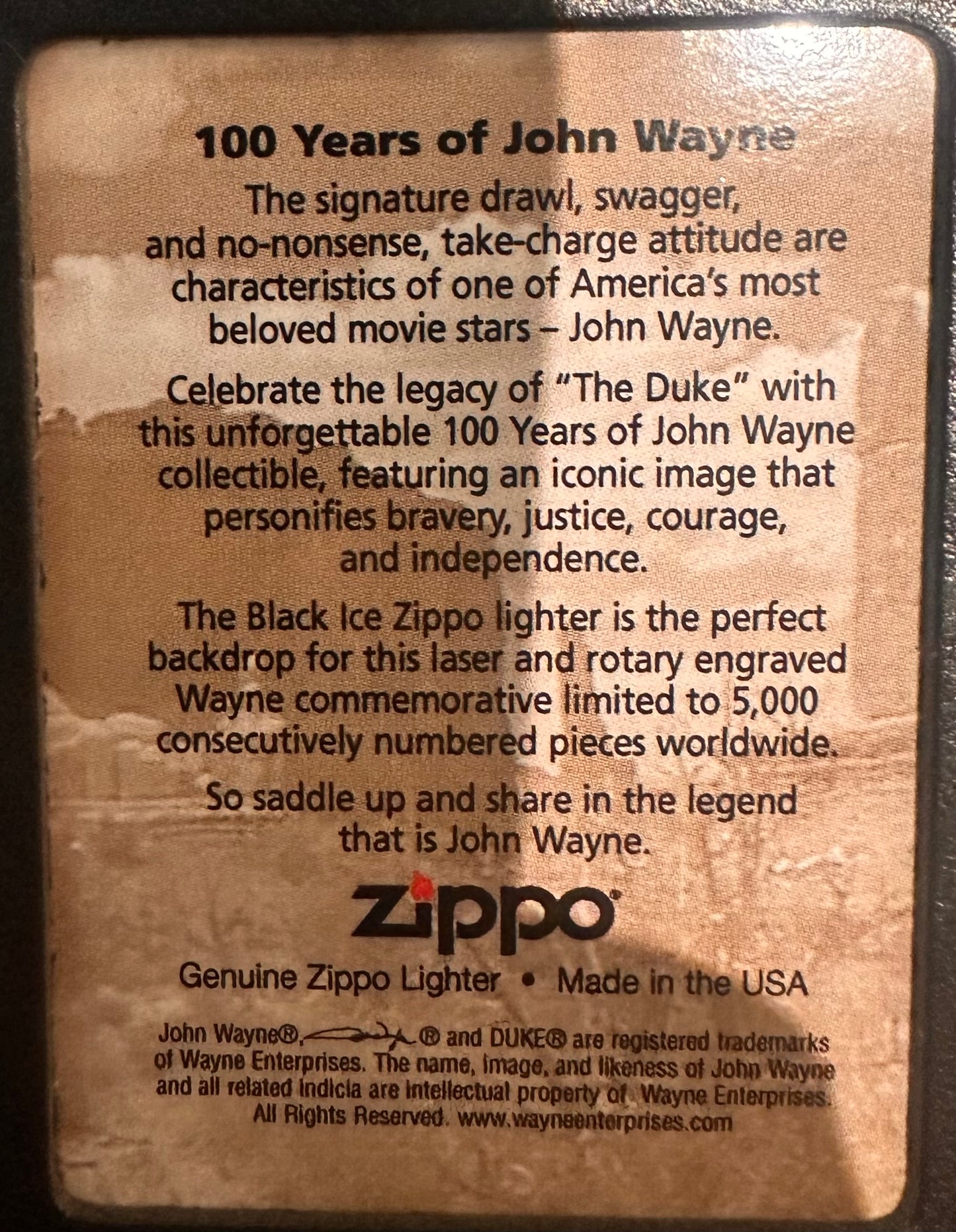 Limited Edition 100 Years of John Wayne 24090 Zippo Lighter 2135 of 5000